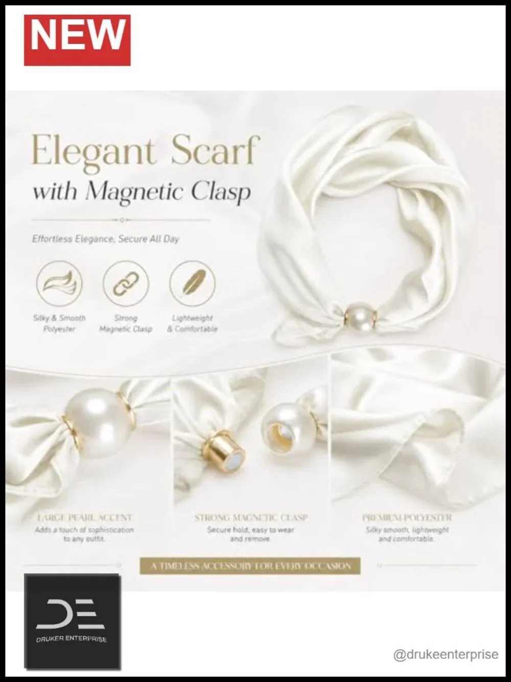 Satin Silk Scarf with Magnetic Pearl Buckle Neck Tie Multi-Way Headscarf